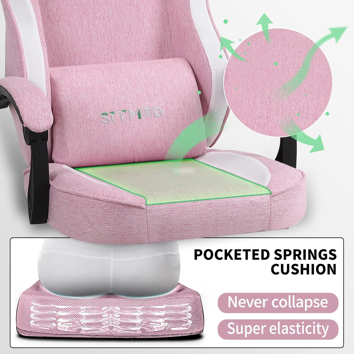 Gaming Chair, Video Gaming Chairs for Adults, Fabric Comfortable Computer Chair with Footrest, Pocket Spring Cushion, High Back Ergonomic Gamer Chair with 360° Swivel Seat for Office (Pink)
