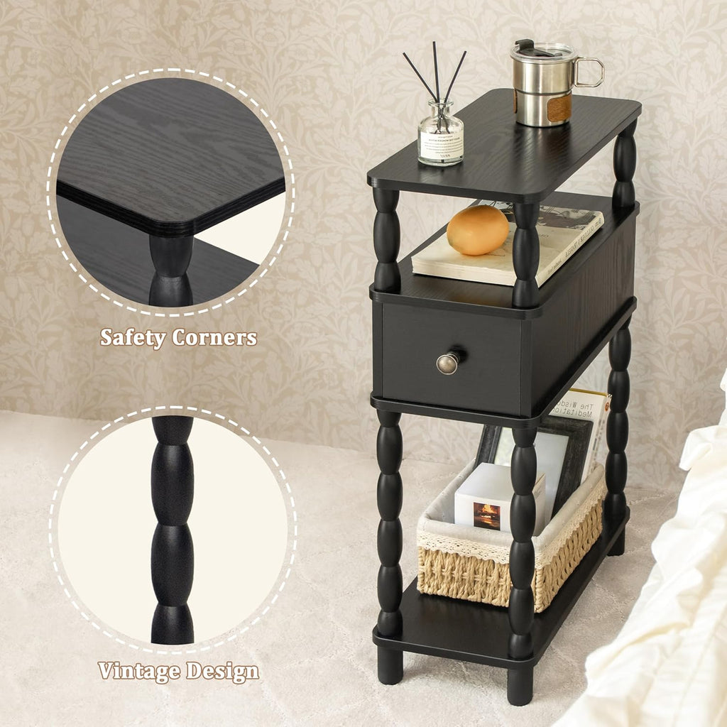 MaxSmeo Black Narrow Side Table, Narrow End Table with Storage, Skinny Small Nightstand with Drawer for Bedroom, Living Room, Small Spaces (Black)