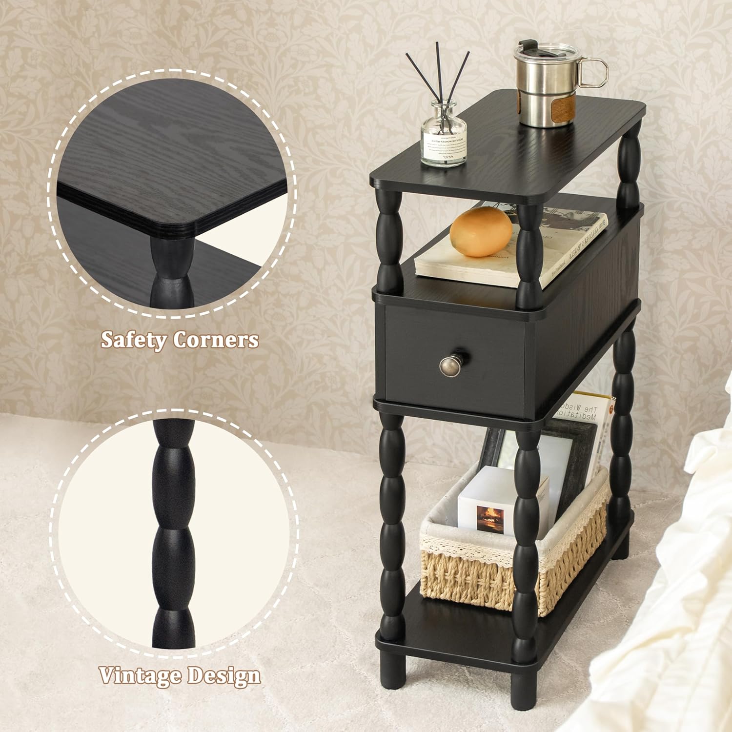 MaxSmeo Black Narrow Side Table, Narrow End Table with Storage, Skinny Small Nightstand with Drawer for Bedroom, Living Room, Small Spaces (Black)
