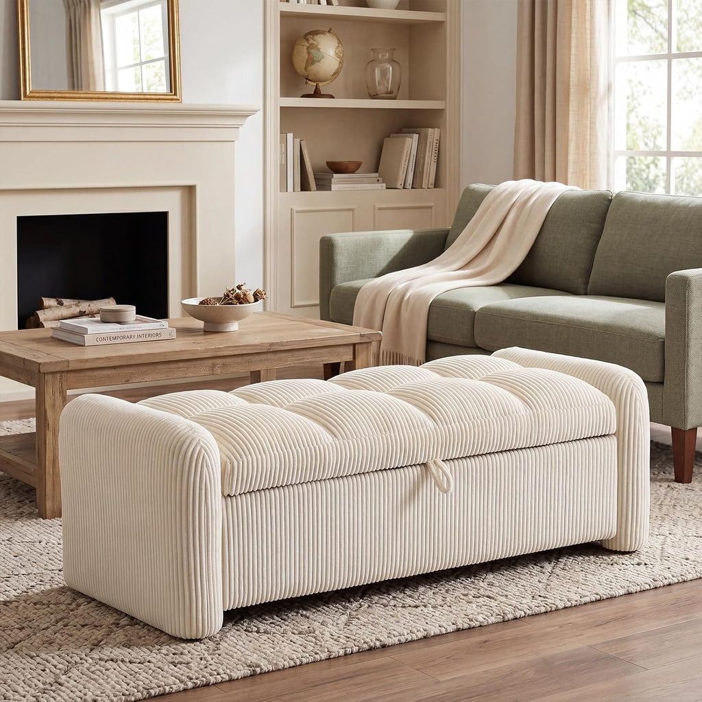 Upholstered End of Bed Bench with Storage,Oversized Corduroy Storage Ottoman Bench for Living Room,Ottoman Foot Rest for Bedroom,Beige