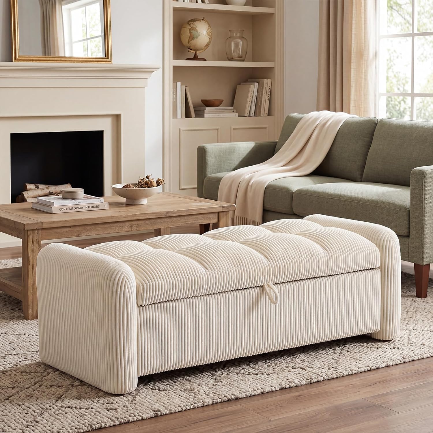 Upholstered End of Bed Bench with Storage,Oversized Corduroy Storage Ottoman Bench for Living Room,Ottoman Foot Rest for Bedroom,Beige