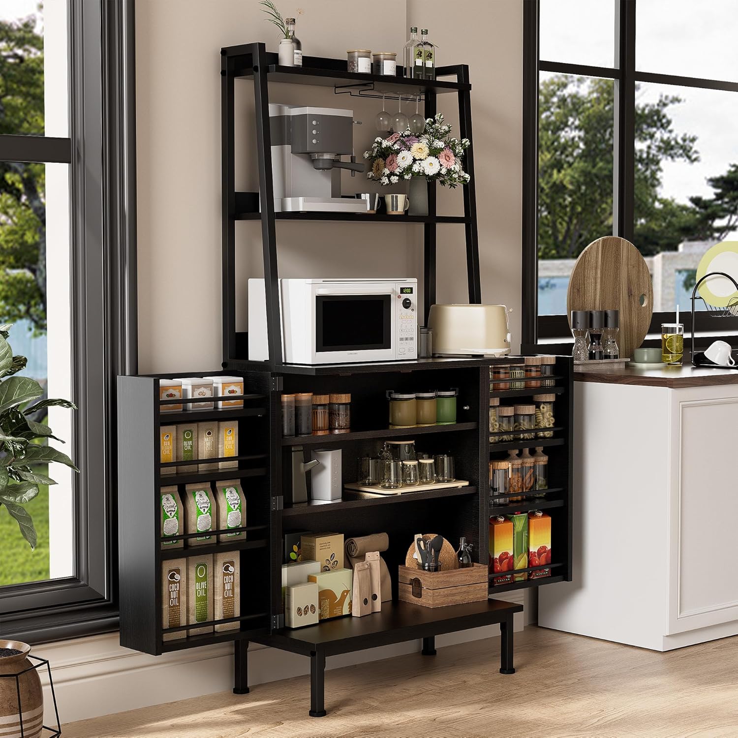 kepptory 58" Kitchen Baker's Rack with Storage, Microwave & Toaster Oven Stand, Freestanding Coffee Bar Station with Wine Glass Holder & Side Storage Shelves, Black