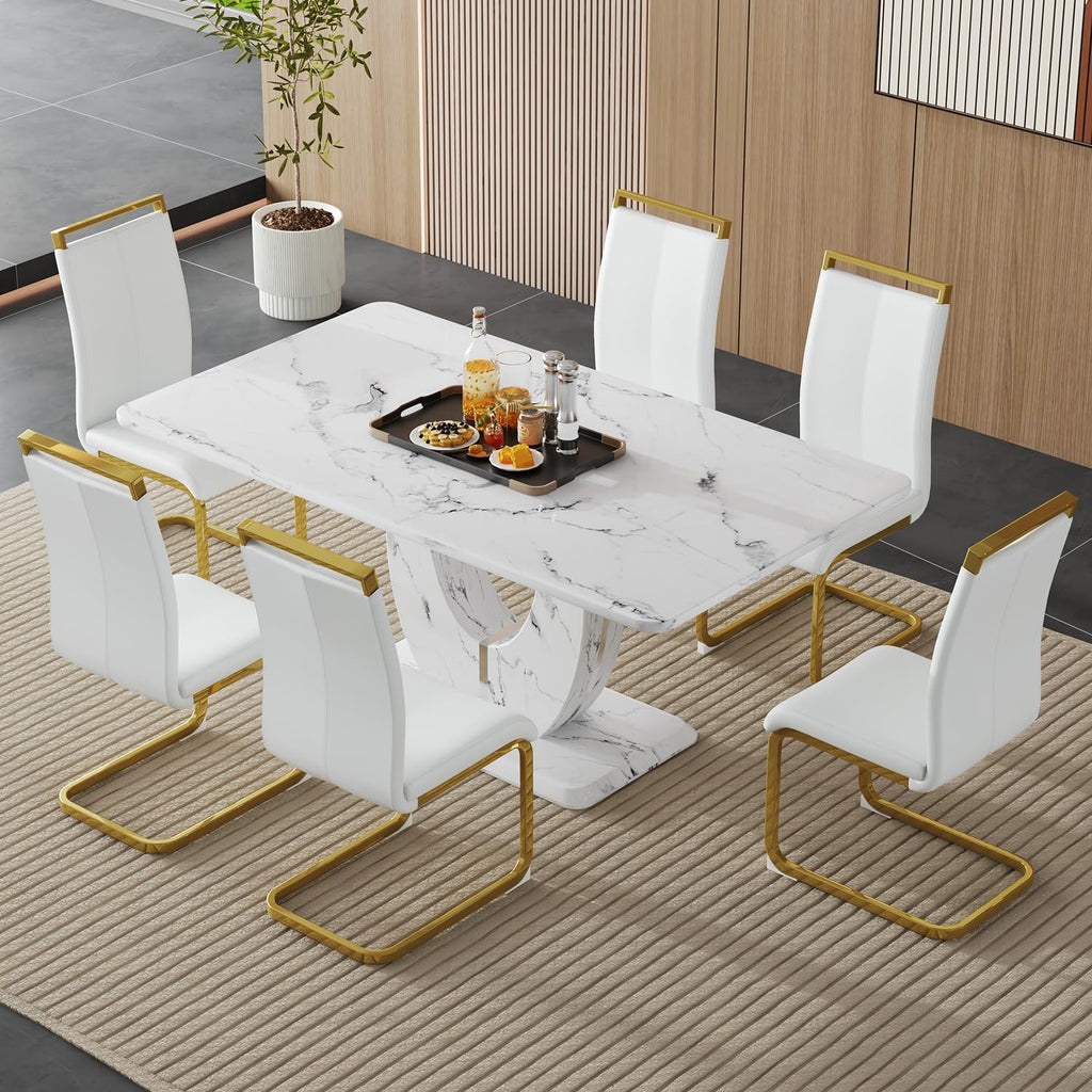 63" Dining Table Set for 6, White Faux Marble Table with 6 PU Leather Upholstered Chairs, Modern Rectangle Kitchen Table & 6 Seater Dining Room Furniture Set for Family Gatherings