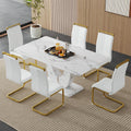 63" Dining Table Set for 6, White Faux Marble Table with 6 PU Leather Upholstered Chairs, Modern Rectangle Kitchen Table & 6 Seater Dining Room Furniture Set for Family Gatherings