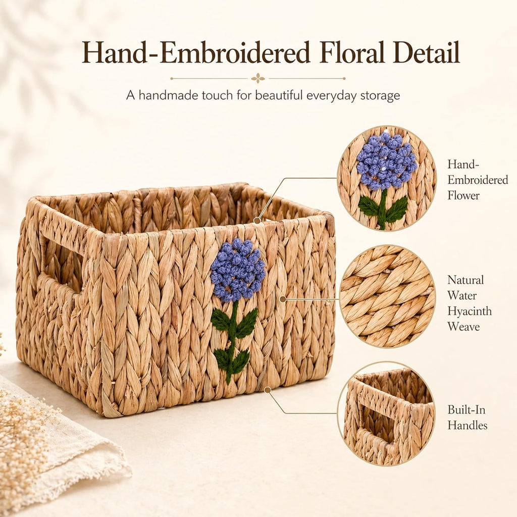 Set of 5 Storage Baskets for Organizing, Water Hyacinth Baskets for Shelves, Organizer Basket with Handles, Decorative Storage Basket for Closet, Pantry Organizers