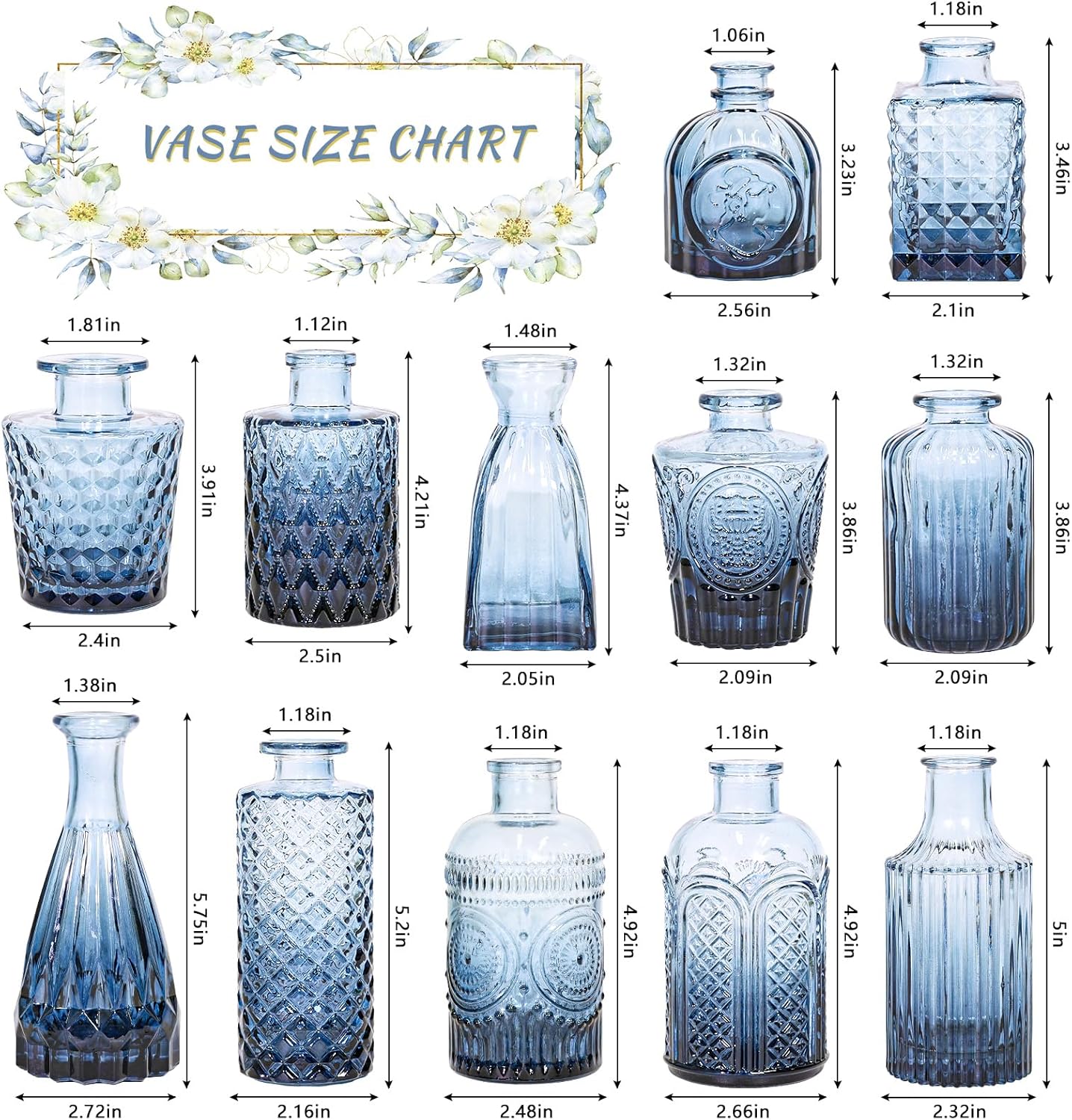 SUPMIND Glass Bud Vase Set of 12, Small Blue Flower Vases for Centerpieces in Bulk, Mini Vintage Vase for Wedding, Home,Table Decoration