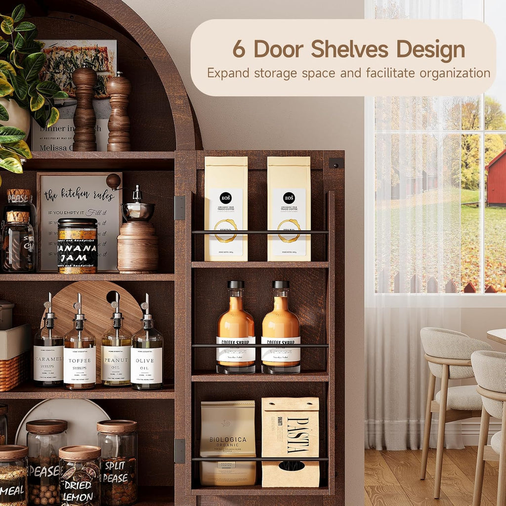ONBRILL 71" Tall Arched Kitchen Pantry, Storage Cabinet Pantry with 2 Pull-Out Shelves, 6 Door Shelves, Organizer, Freestanding Morden Versatile Cupboard for Kitchen, Dining Room (Brown)