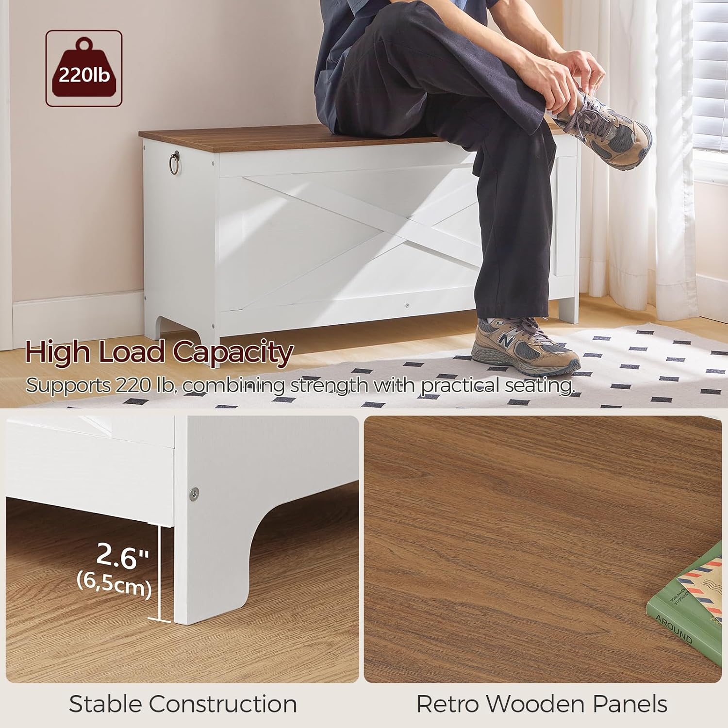 MAHANCRIS 39.4" Toy Chest, Sturdy Entryway Storage Chest with Safety Hinges, Retro Toy Box, Wooden Look Accent Furniture for Living Room, Bedroom, White+Walnut SCBZ48101