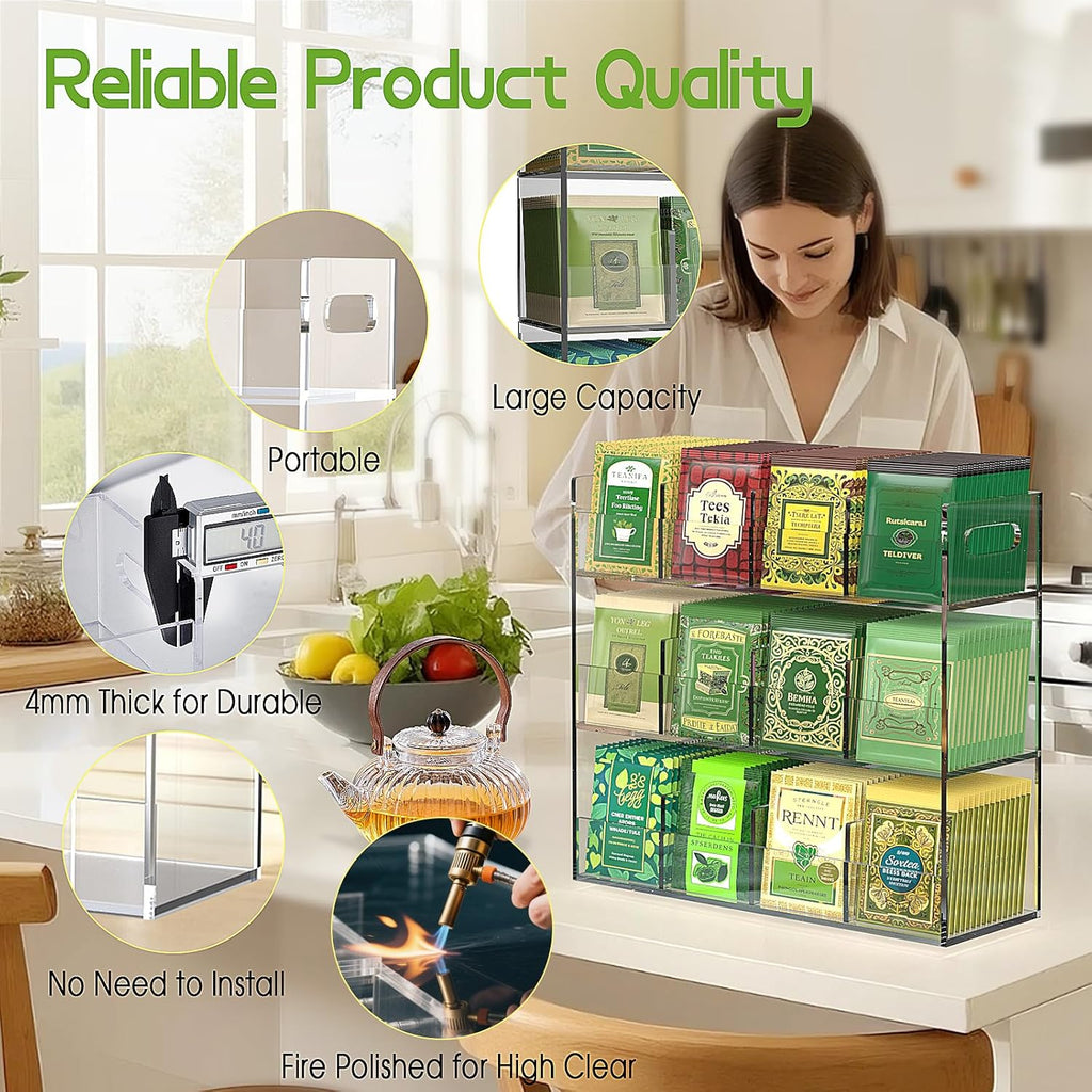 Jumyee 3-Tier Acrylic Tea Bag Organizer Holder, No Assembly Required, Portable Tea Organizers and Storage, Vertical Tea Organizer Counter, Coffee & Tea Station Display Rack for Home Office