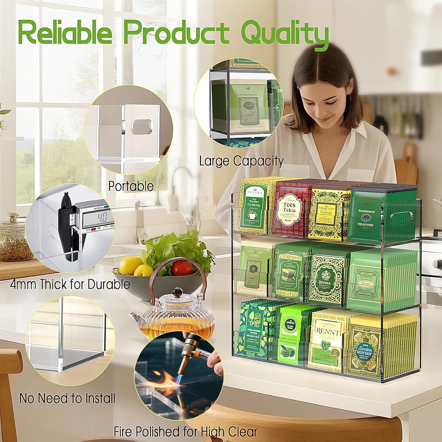 Jumyee 3-Tier Acrylic Tea Bag Organizer Holder, No Assembly Required, Portable Tea Organizers and Storage, Vertical Tea Organizer Counter, Coffee & Tea Station Display Rack for Home Office