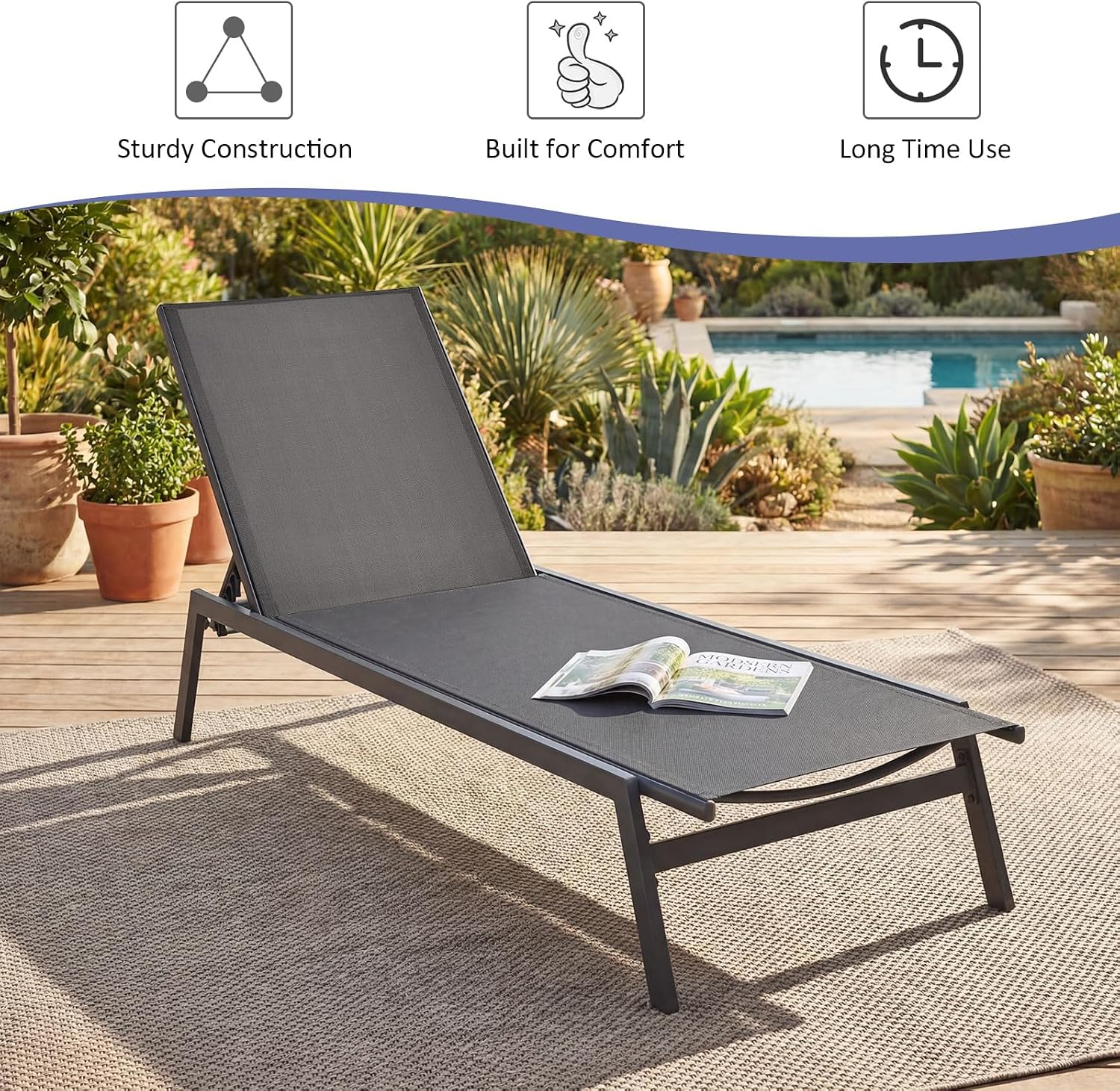 Tangkula Outdoor Chaise Lounge Chair Set of 2, 6-Position Adjustable Reclining Chair with Breathable Fabric and Heavy Duty Steel Frame, Patio Lounge Chair for Garden, Backyard and Poolside (2, Gray)