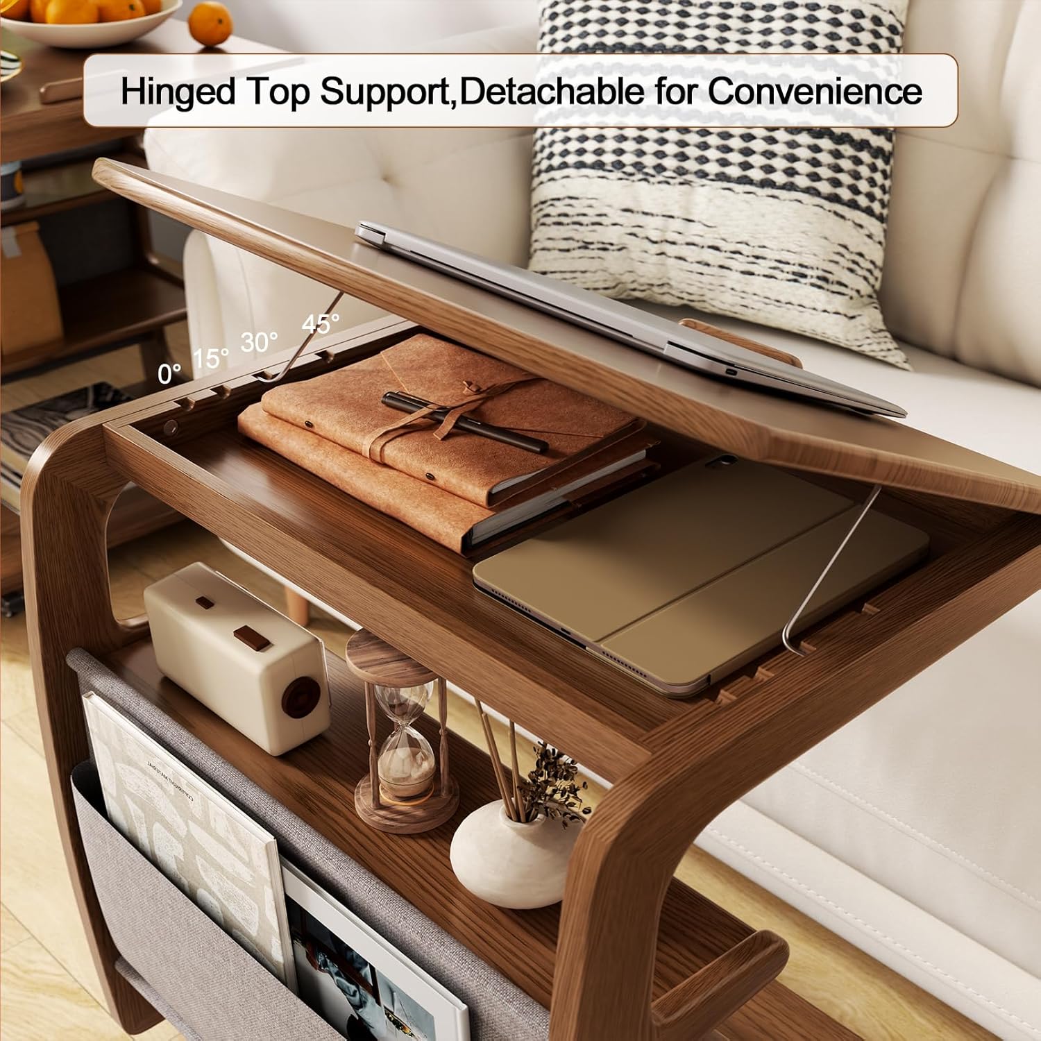 AQIMUELE Rolling Side Table, C Shaped End Table, C Table with 4 Wheels Solid Wood Small Rolling Desk with Adjustable Desktop,C Shaped End Table for Couch,Home Office(15.6" D x 23.6" W x 24.3" H)