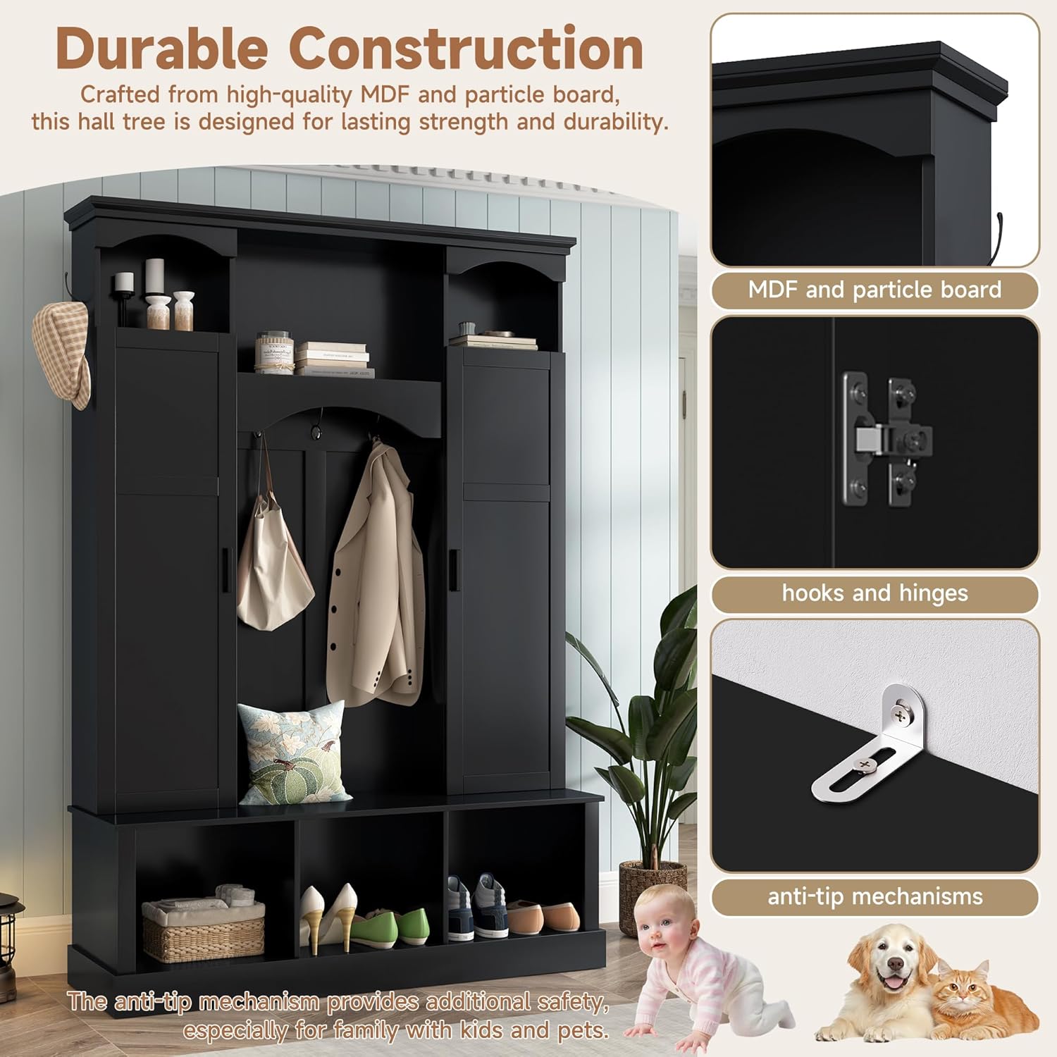 Merax Hall Tree with Bench and Shoe Storage 77.3" Tall with Adjustable Shelves, Modern All-in-One Entryway Bench with 2 Side Cabinets & 7 Hooks, Elegant Arched Design, 55.1"L x 15.7"W (Black)