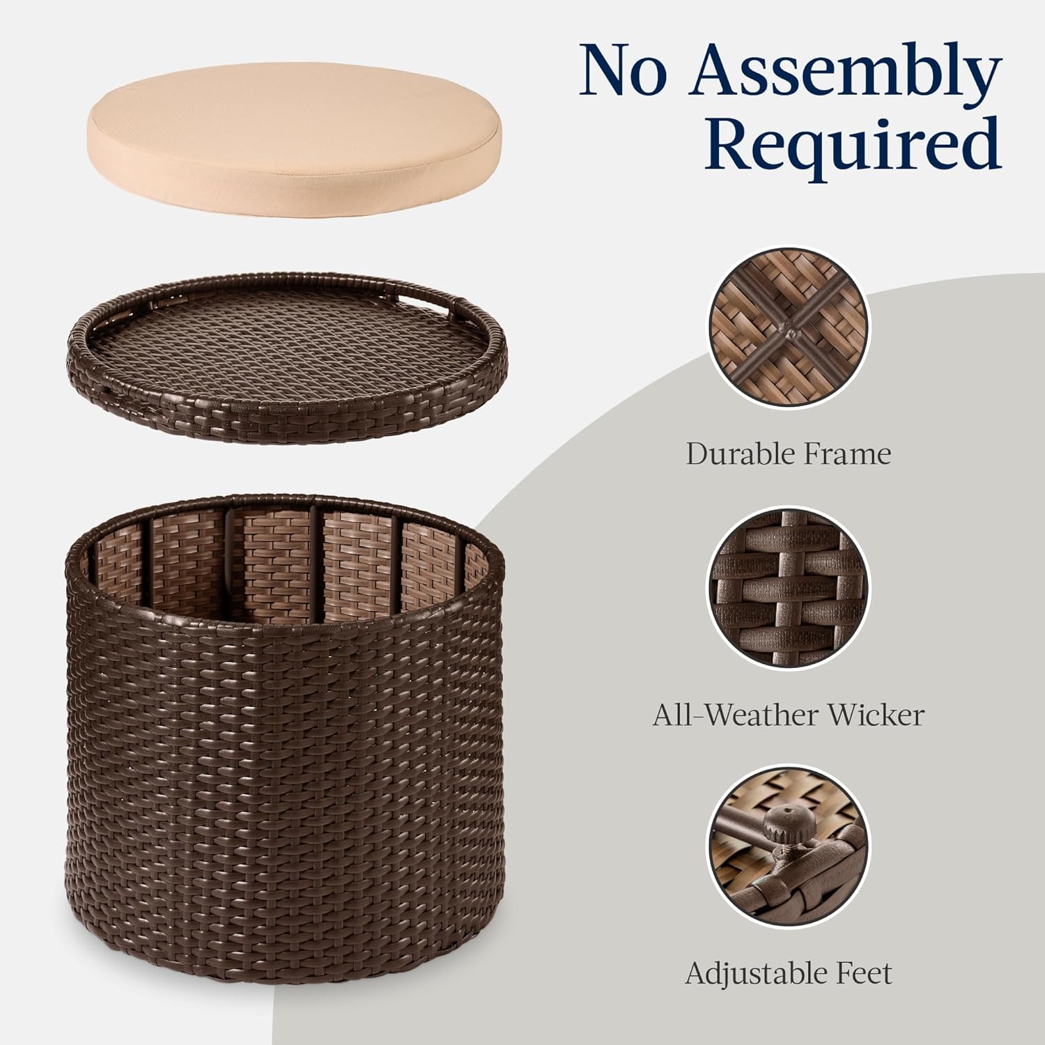 Best Choice Products Round Wicker Ottoman, Multipurpose Outdoor Furniture for Patio, Backyard, Additional Seating, Footrest, Side Table w/Storage, Removable Cushions – Brown/Beige