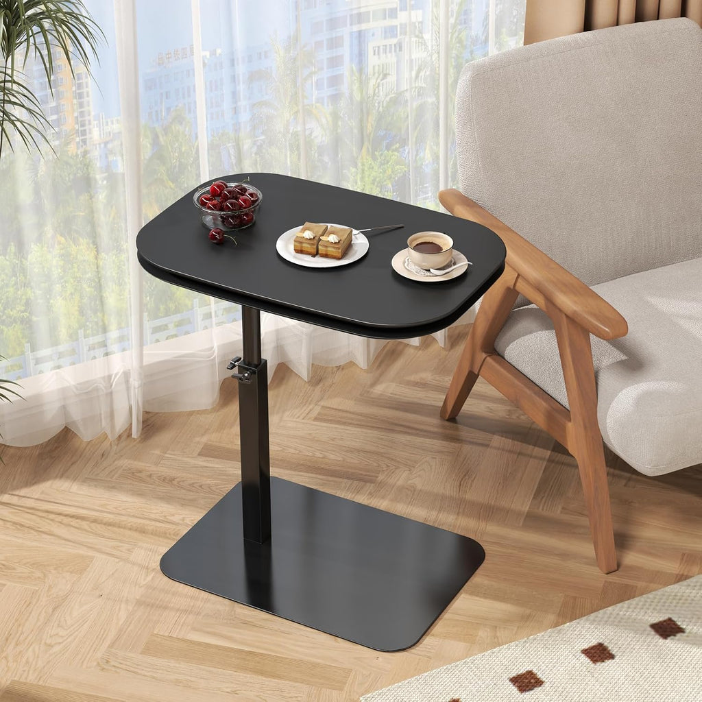 Adjustable Height C Shaped Side Table, 360°Swivel C Shaped End Table, Double Tabletop Laptop Stand, Couch Side Tables that Slide Under,Rotating Small Coffee Table for Sofa/Bed (Black)