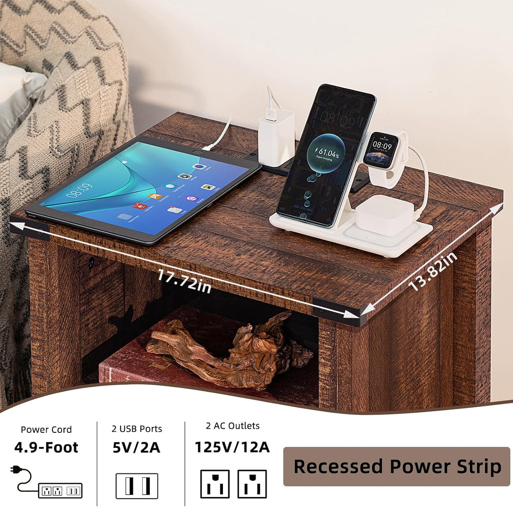 Joaxswe 18-Inch Nightstand with Charging Station and Fluted Door,Brown | 18-inch bedside table with AC and USB charging, open storage and a magnetic fluted door for bedroom essentials