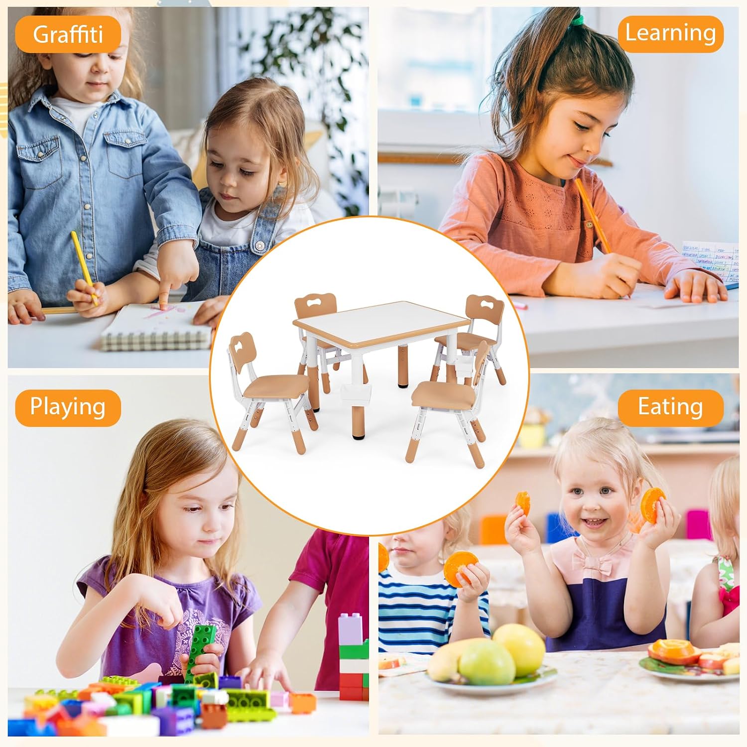 Costzon Kids Table and 4 Chairs, Height Adjustable Toddler Desk Set w/Easy-to-Wipe Graffiti Desktop & 2 Storage Basket for Home, Classroom, Daycare, Playroom, Art Study Table Set (Natural, 5 PCS)