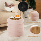 Soft Teddy Round Ottoman with Tray, 17.5 Inches Ottoman Coffee Table with Storage for Living Room, Vanity Stool with Storage Bedroom, Load up to 300 lb, No Assembly Required (Pink)
