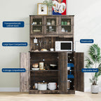 71 in Tall Pantry Cabinet with Charging Station, Farmhouse Kitchen Hutch Display Storage Cabinet with Microwave Stand, Coffee Bar Food Pantry with Glass Doors and Shelves for Living Room, Dining Room