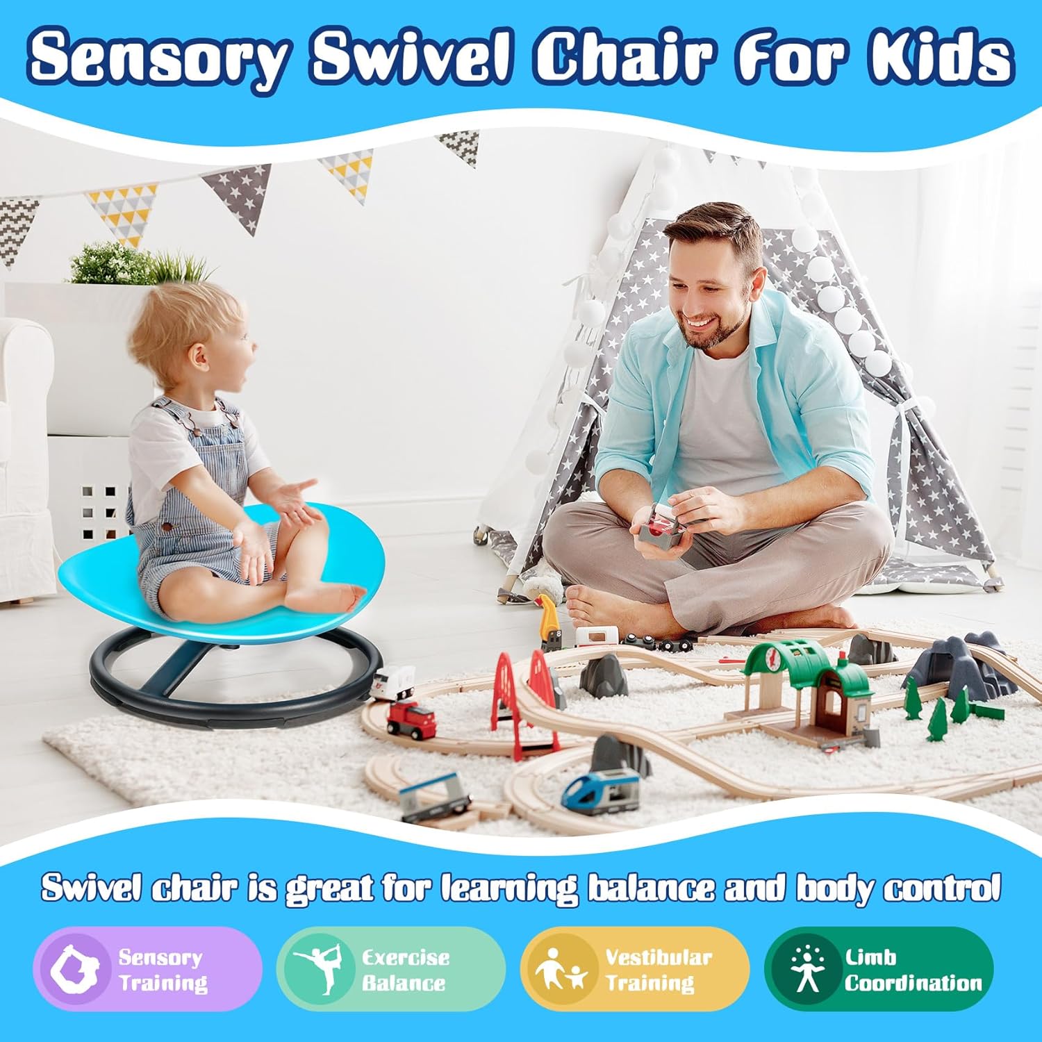 Sensory Spinning Chair for Autistic Kids, ADHD Autism Swivel Chair Training Body Coordination, Metal Base Non-Slip Sit and Spin Toys for Kids Gift
