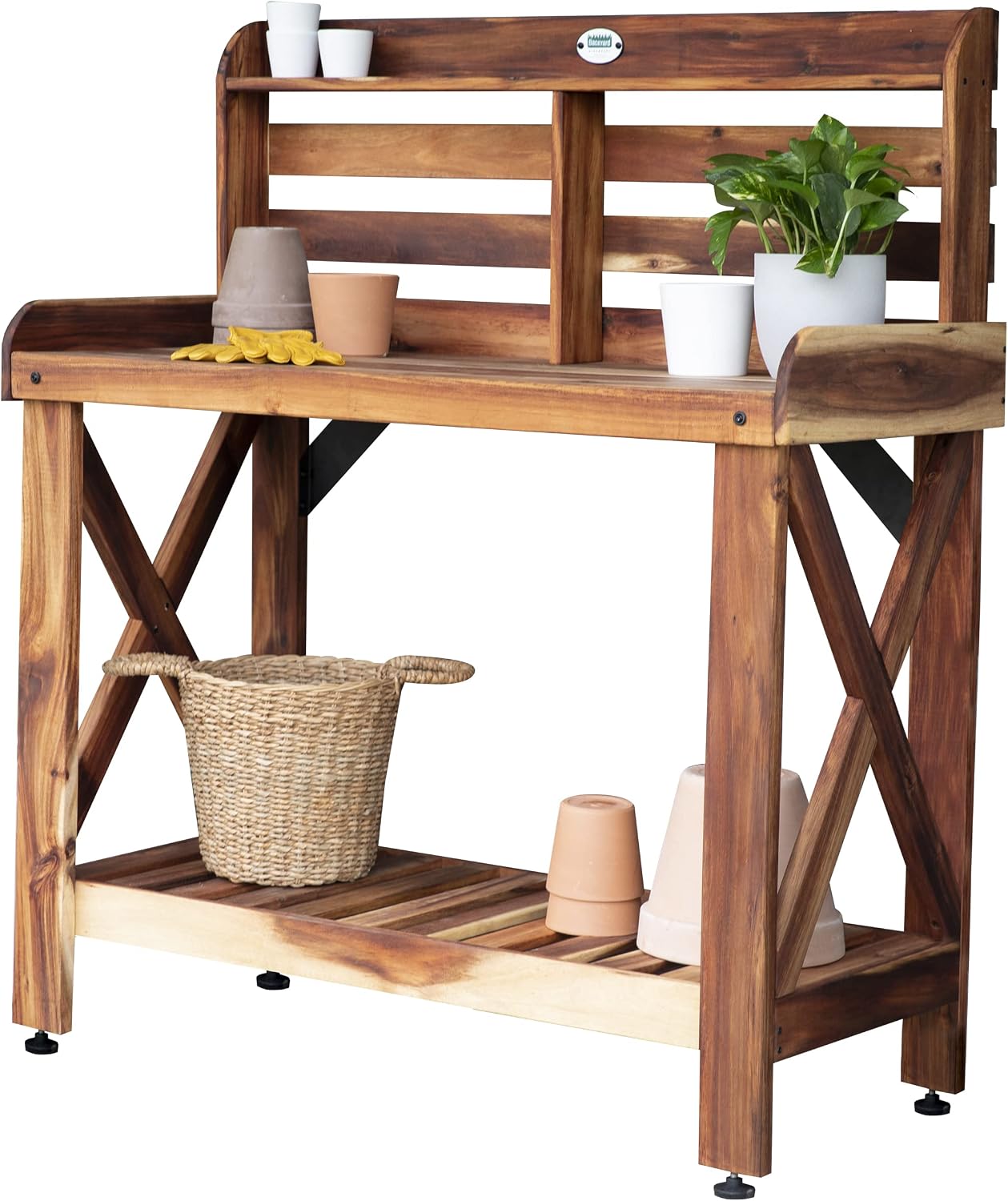 Backyard Discovery 47" Acacia Wood Garden Potting Bench & Serving Bar with Lower Storage Shelf, Leveling Feet, All-Weather Farmhouse Design for Patio, Deck, Porch, Kitchen, Dining Room
