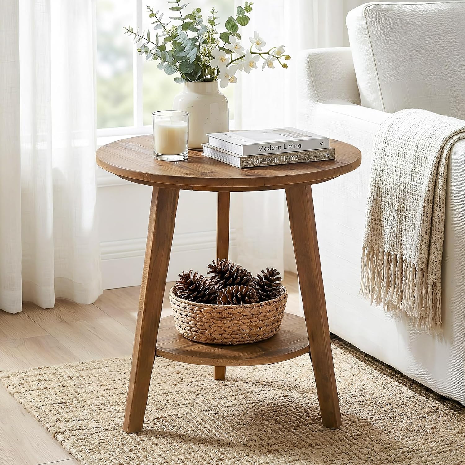 Tribesigns Solid Wood Round Side Table, 2-Tier Farmhouse End Table with Storage Shelf, Nightstand for Living Room, Bedroom, Easy Assembly (1)
