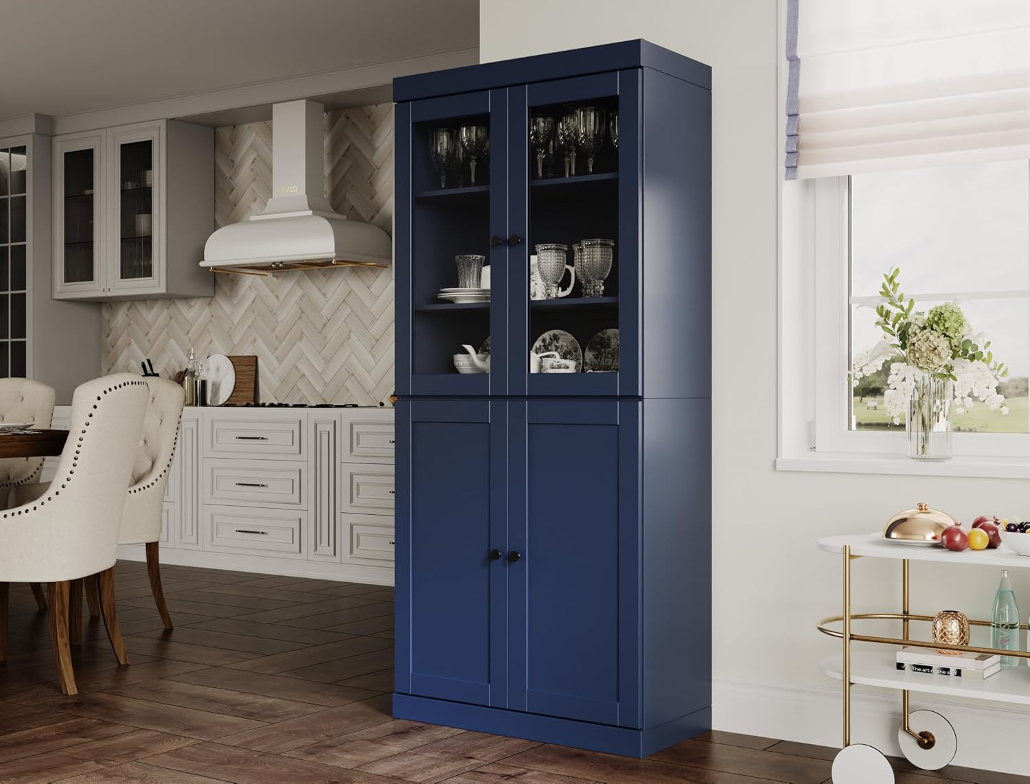 Palace Imports Solid Wood Tall Pantry Cabinet – 71.5" H x 32" W – Navy Blue Wooden Storage Cabinet for Kitchen w/Clear Glass/Shaker Doors, 4 Adjustable Shelves, 100% Eco-Friendly Wood, Made in Brazil