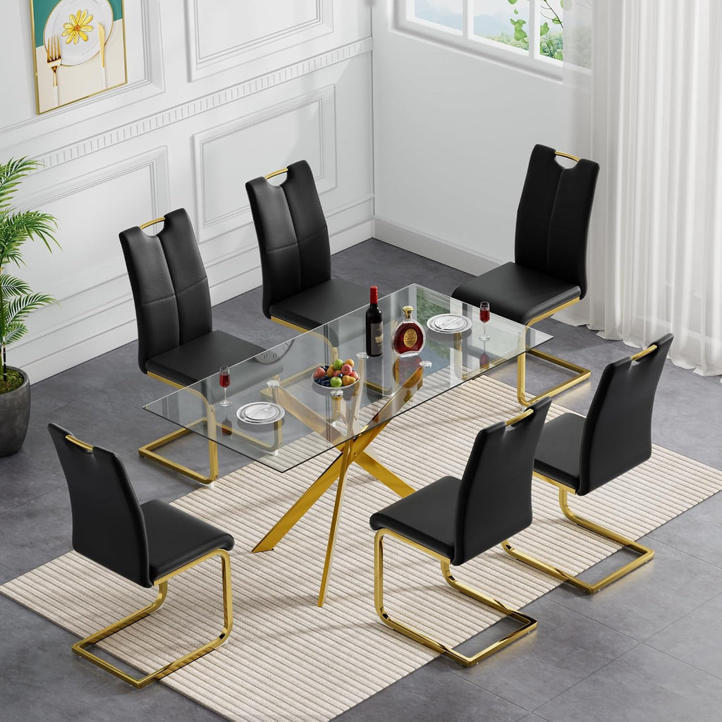 Modern Dining Table for 6 People, 51" Rectangle Dining Room Table with Gold Chrome Metal X-Base, Rectangular Tempered Glass Dining Table, Kitchen Dining Room Tables Luxury Dinner Table