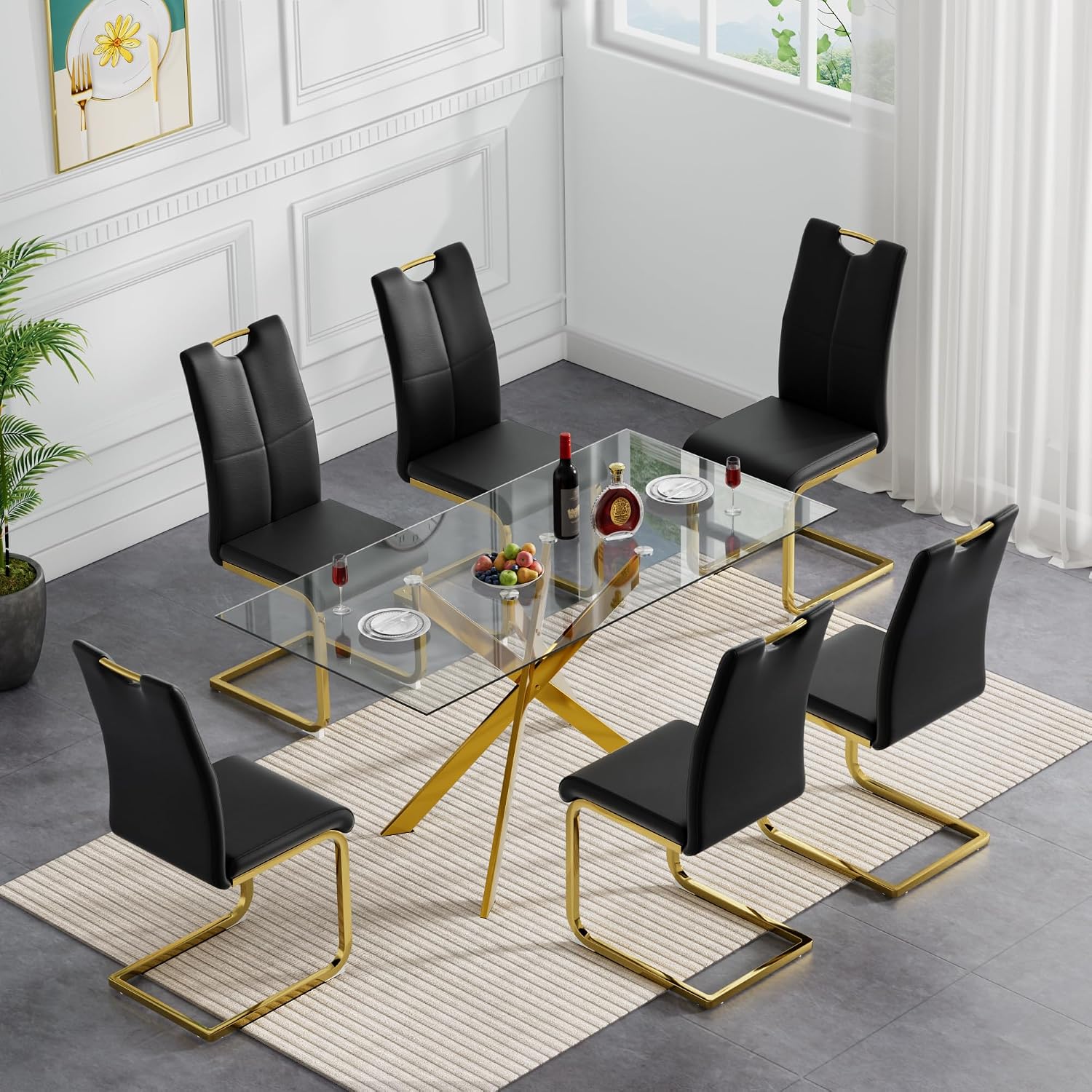Modern Dining Table for 6 People, 51" Rectangle Dining Room Table with Gold Chrome Metal X-Base, Rectangular Tempered Glass Dining Table, Kitchen Dining Room Tables Luxury Dinner Table