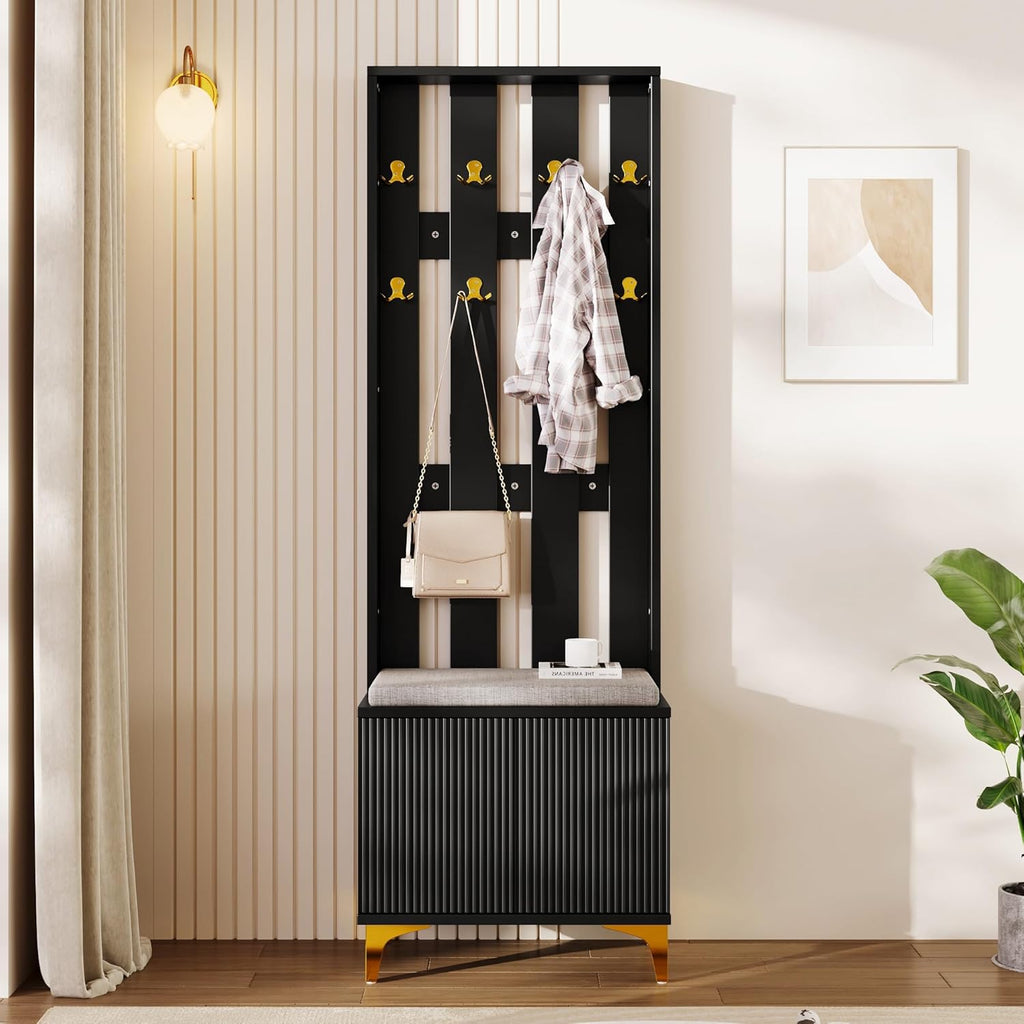 Stylish Multifunctional Entryway Wardrobe Set Black Shoe Bench with Hooks Push to Open Door Adjustable Shelves Wave Pattern Cabinet Leatherette Cushion Gold Metal Legs Vertical STO