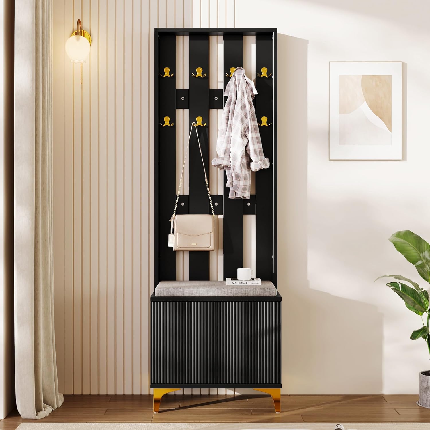 Stylish Multifunctional Entryway Wardrobe Set Black Shoe Bench with Hooks Push to Open Door Adjustable Shelves Wave Pattern Cabinet Leatherette Cushion Gold Metal Legs Vertical STO