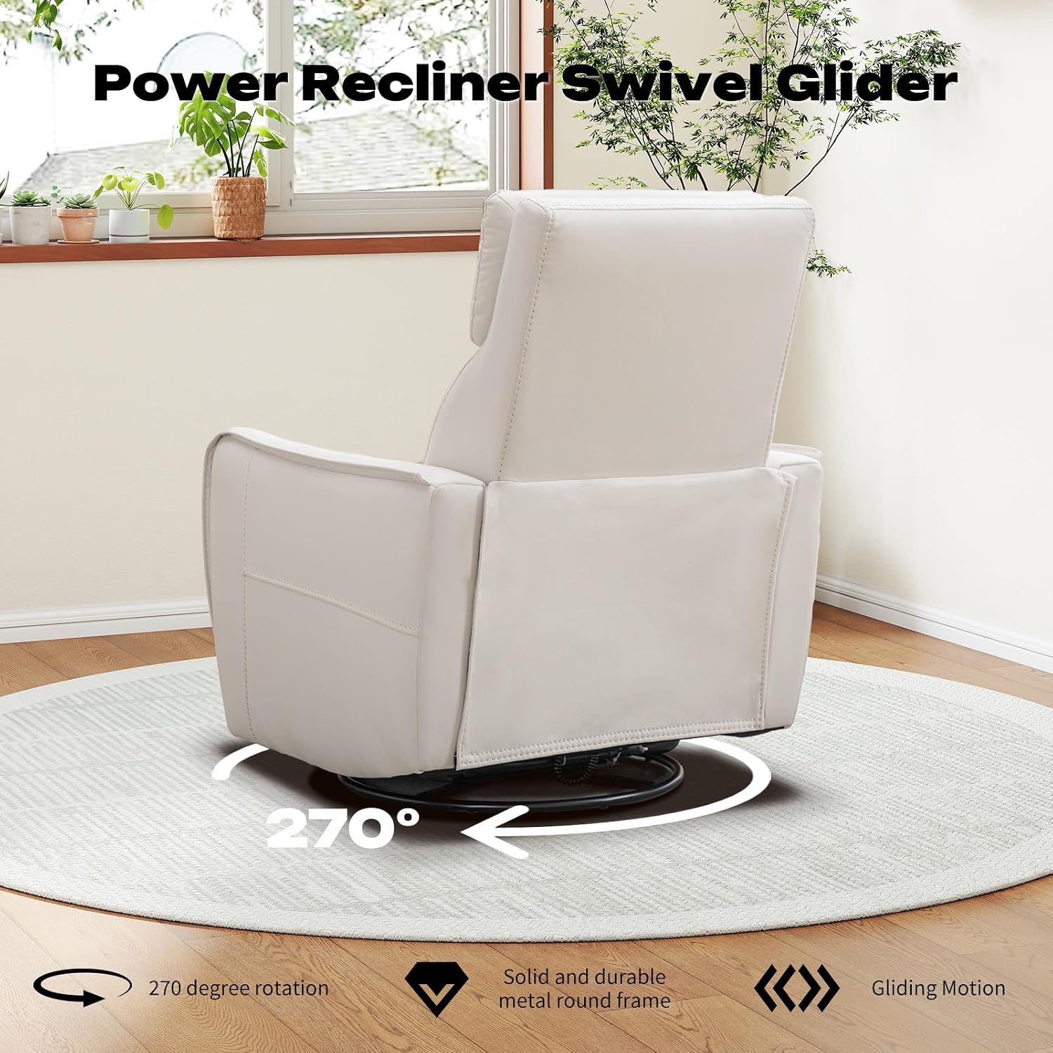 CANMOV Power Recliner Swivel Glider, Electric Swivel Rocker Recliners, Leatheraire Chair, Nursery Rocking Recliner Chair Reclining Sofa for Living Room, USB&Type-C Port, Cream White