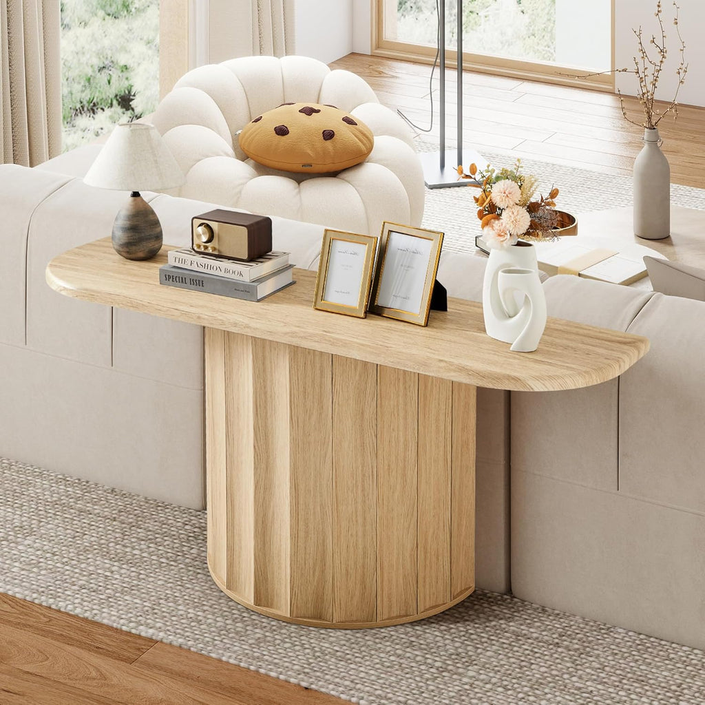 59'' Fluted Console Table for Entryway, Narrow Console Table Wooden Sofa Tables Behind Couch, Modern Curved Accent Table for Hallway, Living Room, Entrance, Foyer (Natural)