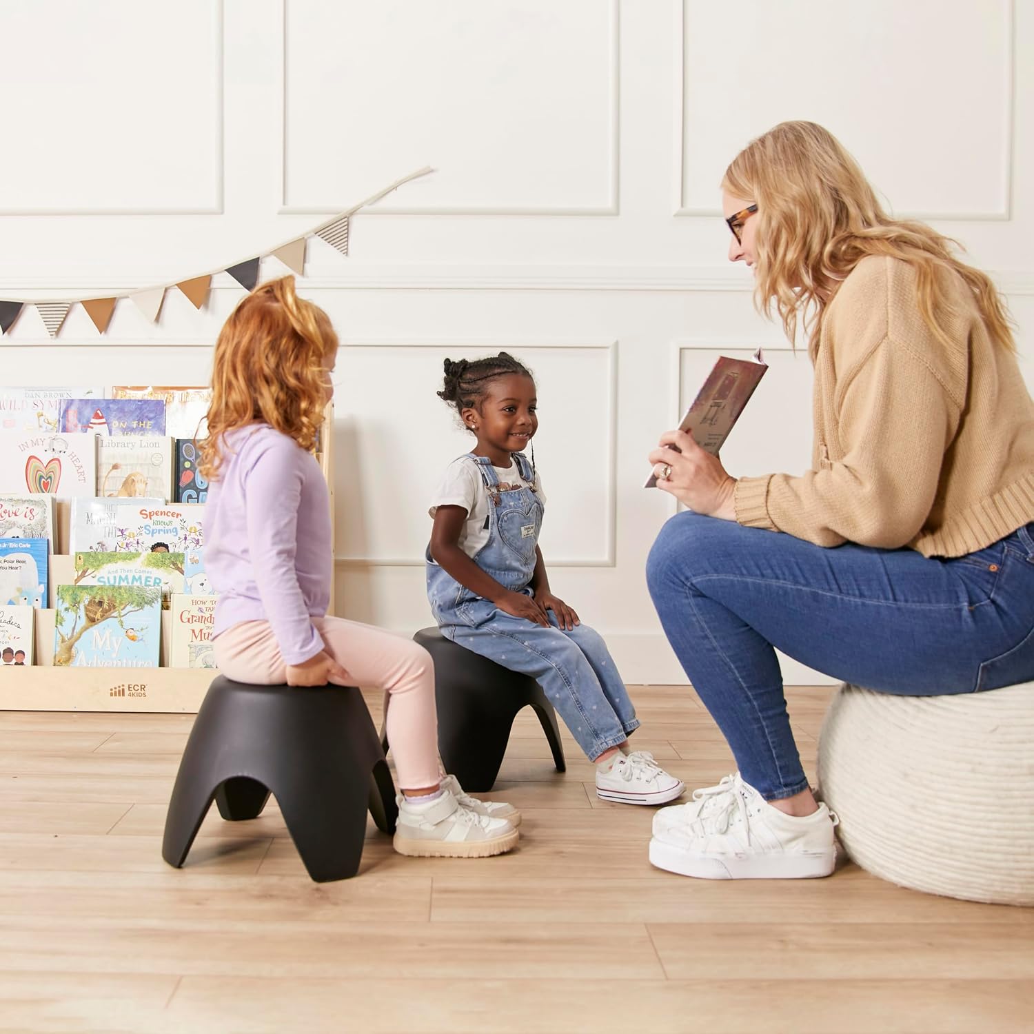 ECR4Kids Ayana Stackable Plastic Stool Seating Set, Children's Furniture, Black, 4-Pack