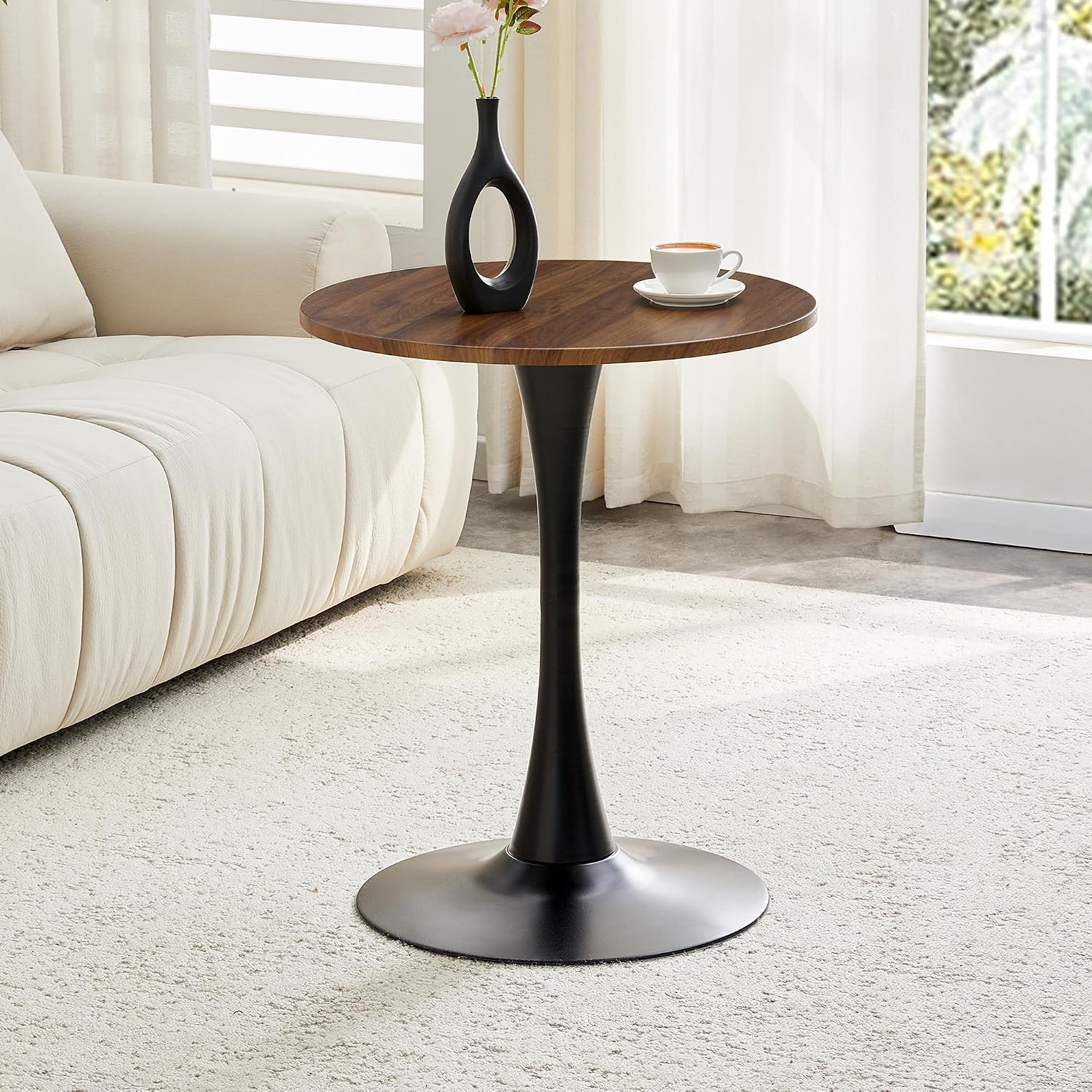 Walnut Round Dining Table for Small Space,24" Tulip Tables with Metal Pedestal Base,Bistro Table for 2 People for Office,Apartment,Kitchen,Break Room