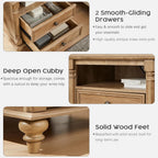 T4TREAM 24'' Farmhouse End Table w/4 Solid Wood Feet, Large 2 Drawers Wide Sofa Side Table with Charging Station, Tall Rustic Wood Square Nightstand for Living Room, Bedroom, Office, Light Tree Knot