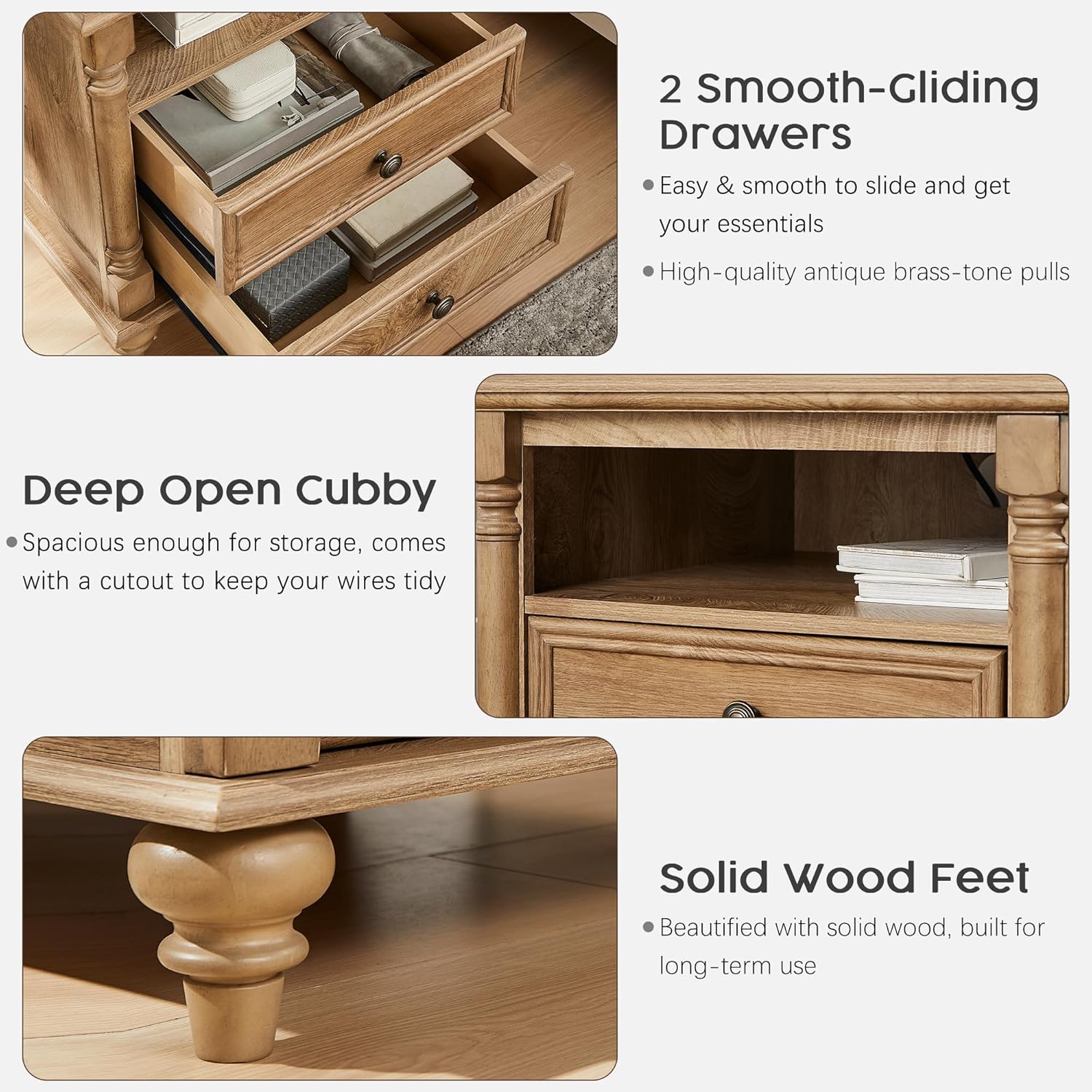 T4TREAM 24'' Farmhouse End Table w/4 Solid Wood Feet, Large 2 Drawers Wide Sofa Side Table with Charging Station, Tall Rustic Wood Square Nightstand for Living Room, Bedroom, Office, Light Tree Knot