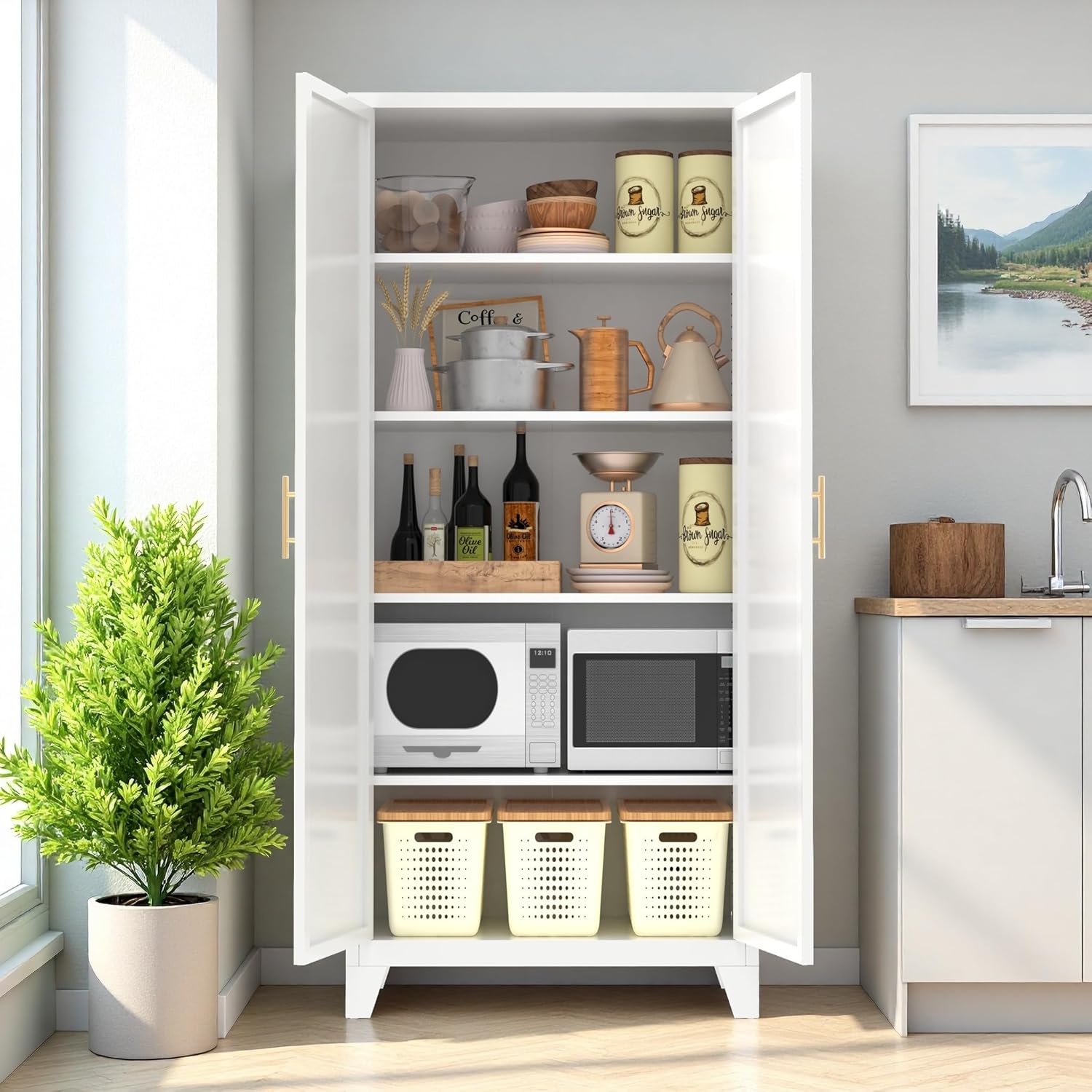 71" Pantry Cabinet, Kitchen Pantry Storage Cabinets with Adjustable Shelves,Metal Hutch for Kitchen, Dining Room, Living Room and Bathroom