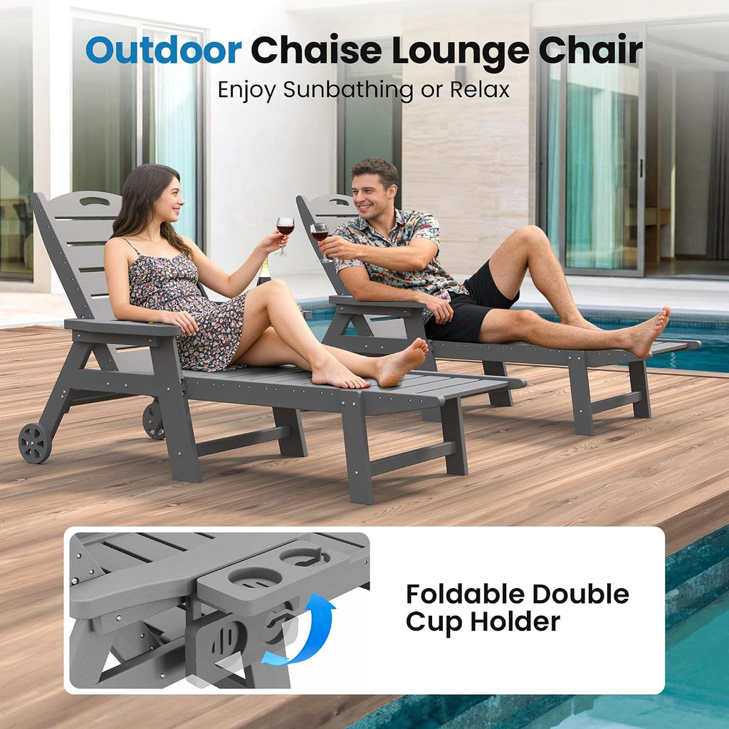 UDPATIO Outdoor Lounge Chair Pool Waterproof Chaise Chairs Reclining | HDPE 5-Position Adjustable with Wheels Double Cup Holder Heavy-Duty for Beach Garden Deck or Indoor Hdpe Light Grey