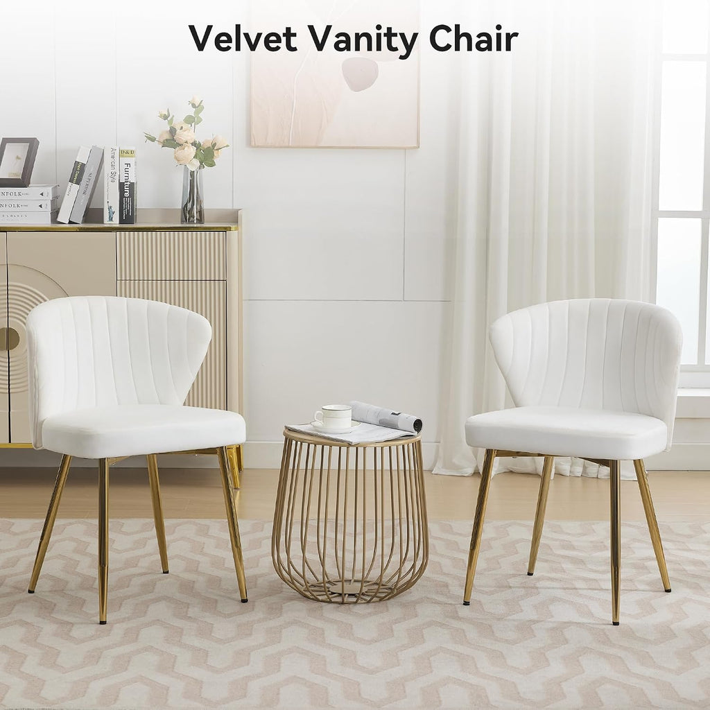 WUTUTUEE Velvet Vanity Chair Set of 2, Modern Makeup Chair with Back Golden Legs, Small Cute Accent Chair for Vanity, Living Room, Bedroom, White