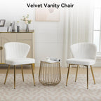 WUTUTUEE Velvet Vanity Chair Set of 2, Modern Makeup Chair with Back Golden Legs, Small Cute Accent Chair for Vanity, Living Room, Bedroom, White