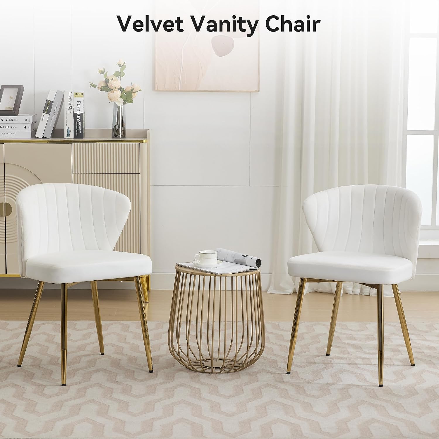WUTUTUEE Velvet Vanity Chair Set of 2, Modern Makeup Chair with Back Golden Legs, Small Cute Accent Chair for Vanity, Living Room, Bedroom, White