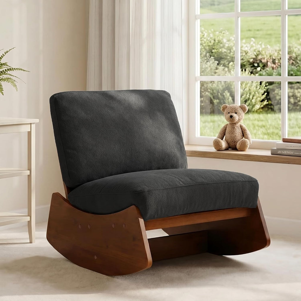Mid-Century Modern Chenille Rocking Chair, Dark Grey, Set of 1 | Soft chenille upholstery | Sturdy solid wood base | For nursery, living room, & bedroom