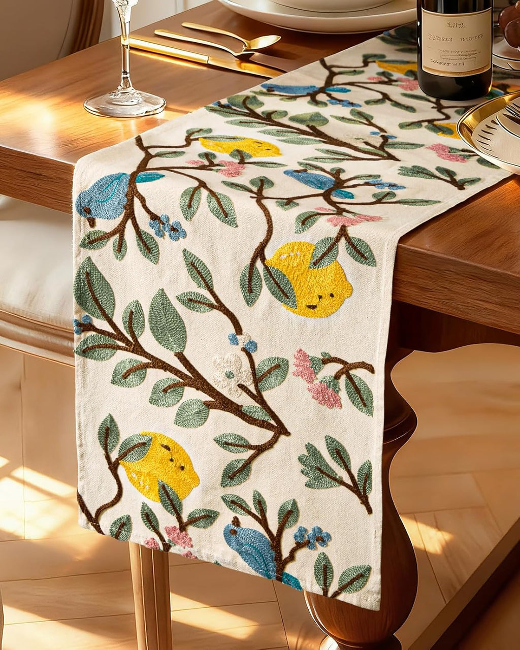 Canvas Embroidered Table Runner - 13"x 72" Coffee Table Runner for Living Room Narrow Tablerunner for Dining Room Washable Farmhouse Kitchen Island Counter Decor Housewarming Gift, Lemon Bird