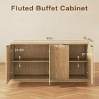 Fluted Sideboard Buffet Cabinet, 63" Wooden Credenza Storage Cabinet with 4 Doors and Adjustable Shelves, Fluted Sideboard Cabinet for Kitchen, Living Room, Natural Oak