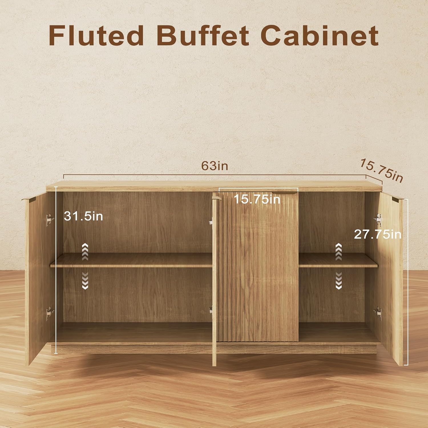 Fluted Sideboard Buffet Cabinet, 63" Wooden Credenza Storage Cabinet with 4 Doors and Adjustable Shelves, Fluted Sideboard Cabinet for Kitchen, Living Room, Natural Oak