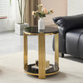 Glass Round End Table with 2-Tier Storage, Black Tempered Glass Top with Gold Stainless Steel Frame, Modern Living Room Side Table, Black Gold Accent Table, 80 LBS Capacity