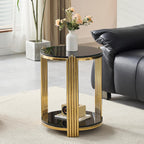 Glass Round End Table with 2-Tier Storage, Black Tempered Glass Top with Gold Stainless Steel Frame, Modern Living Room Side Table, Black Gold Accent Table, 80 LBS Capacity