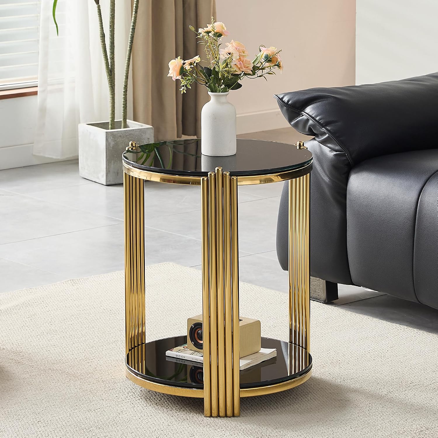 Glass Round End Table with 2-Tier Storage, Black Tempered Glass Top with Gold Stainless Steel Frame, Modern Living Room Side Table, Black Gold Accent Table, 80 LBS Capacity