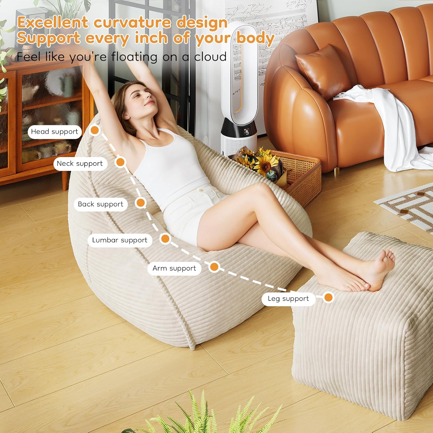 Cloud Large Bean Bag Chair with Ottoman, Corduroy Fabric+35D Memory Foam Big Beanbag Chair for Adults,Lounger Chairs Sofa Boneless Puff Chair for Living Room (Beige) (Beige, Clouds)